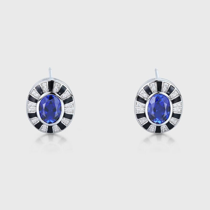 Vintage Design Oval Cut Lab-Grown Sapphire Earrings Unique Art Decorate14K White Gold Earrings