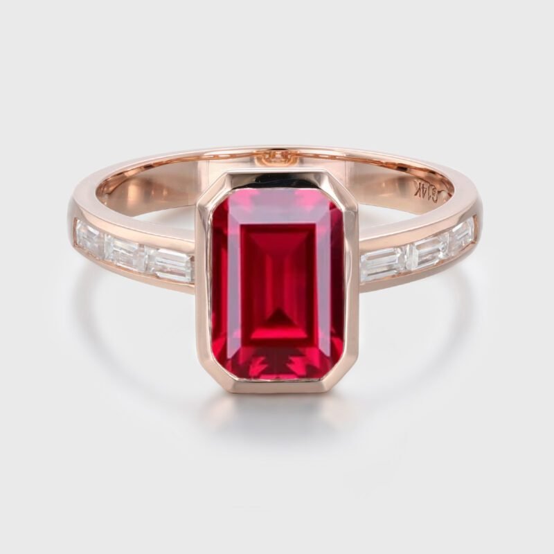 9x6mm Emerald Cut Lab-Grown Ruby Bezel Set Wedding Ring 14K Rose Gold