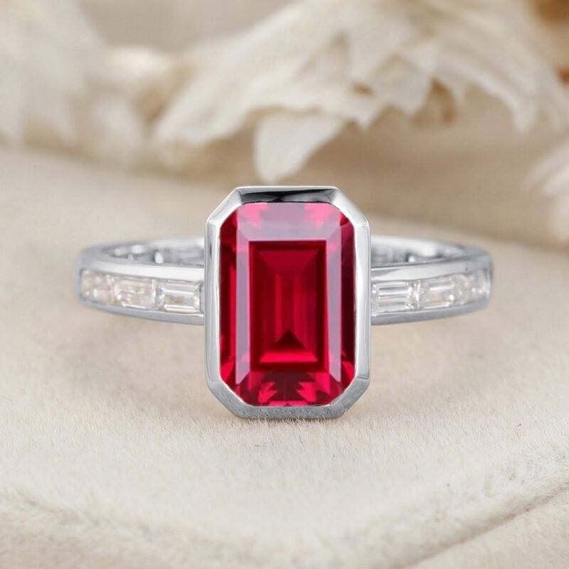 9x6mm Emerald Cut Lab-Grown Ruby Bezel Set Wedding Ring 14K Rose Gold