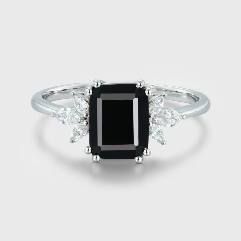 9x7mm Emerald Cut Black Onyx Engagement Ring 14K Solid Gold Ring Cluster Ring Moissanite Marquise Bridal Ring Promise Ring