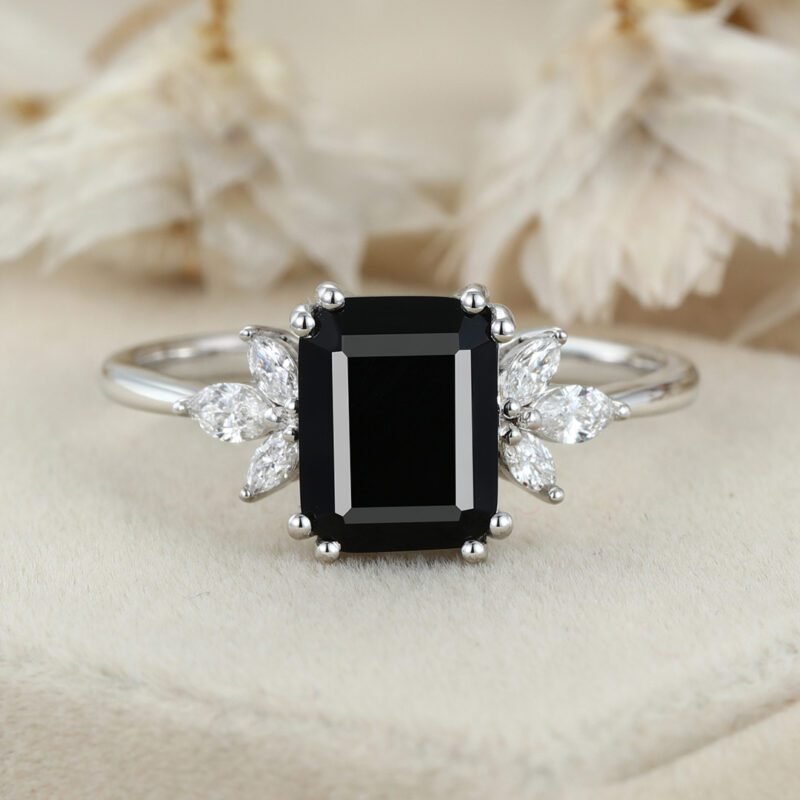 9x7mm Emerald Cut Black Onyx Engagement Ring 14K Solid Gold Ring Cluster Ring Moissanite Marquise Bridal Ring Promise Ring