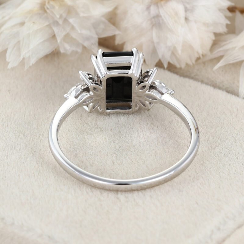 9x7mm Emerald Cut Black Onyx Engagement Ring 14K Solid Gold Ring Cluster Ring Moissanite Marquise Bridal Ring Promise Ring