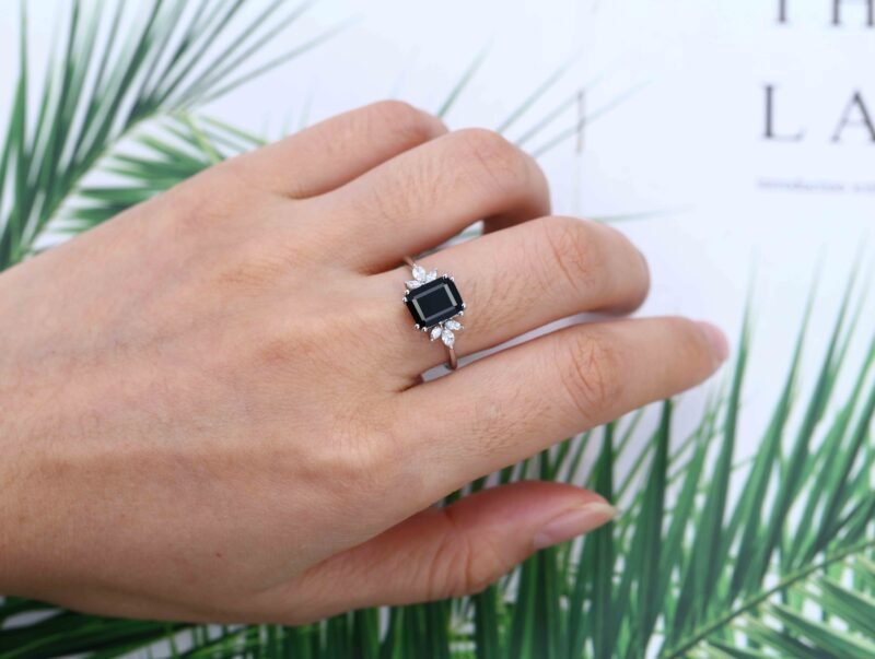 9x7mm Emerald Cut Black Onyx Engagement Ring 14K Solid Gold Ring Cluster Ring Moissanite Marquise Bridal Ring Promise Ring