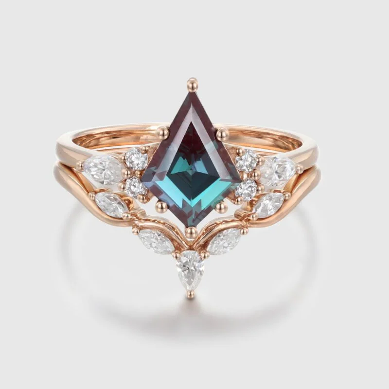 Kite Cut Alexandrte engagement Ring Set Rose gold Marquise Moissanite Wedding Band ring Wedding promise Anniversary gift for her