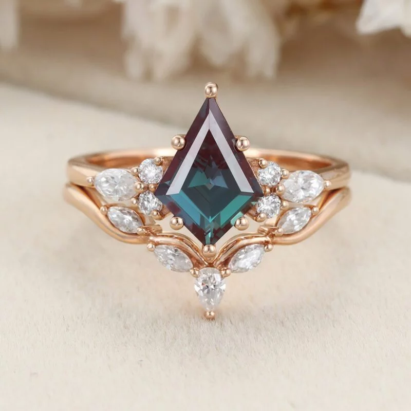 Kite Cut Alexandrte engagement Ring Set Rose gold Marquise Moissanite Wedding Band ring Wedding promise Anniversary gift for her