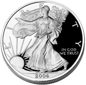 A 2004 American Silver Eagle bullion coin, minted in .999 fine silver.