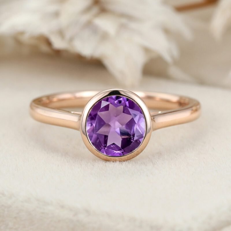 6.5mm Amethyst Engagement Ring Round Rose Gold Bezel Amethyst Ring Solitaire Ring February Birthstone