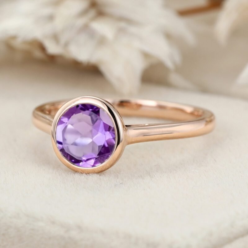 6.5mm Amethyst Engagement Ring Round Rose Gold Bezel Amethyst Ring Solitaire Ring February Birthstone