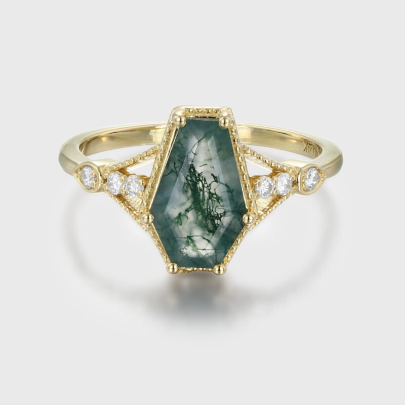 Antique Coffin Shaped Moss Agate Engagement Ring Art Deco Moss Agate Wedding Ring 14k Yellow Gold Moss Agate Bridal Ring For Women