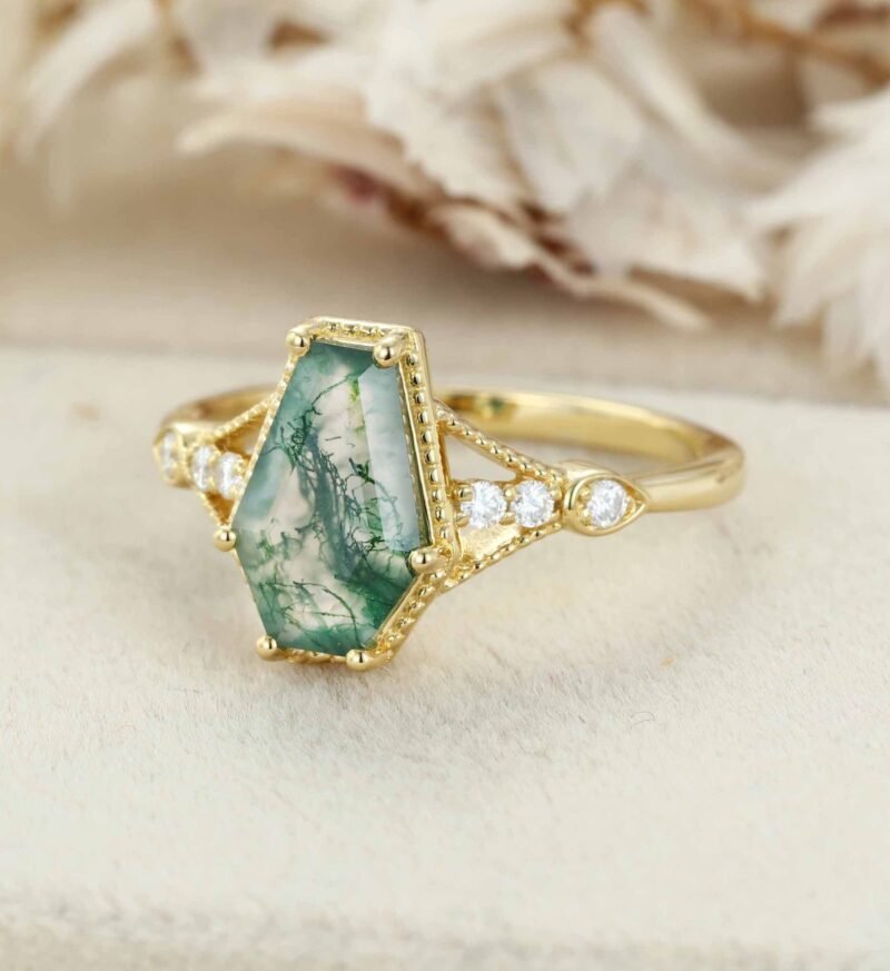 Antique Coffin Shaped Moss Agate Engagement Ring Art Deco Moss Agate Wedding Ring 14k Yellow Gold Moss Agate Bridal Ring For Women