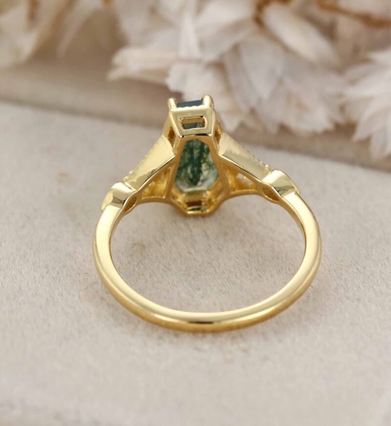 Antique Coffin Shaped Moss Agate Engagement Ring Art Deco Moss Agate Wedding Ring 14k Yellow Gold Moss Agate Bridal Ring For Women