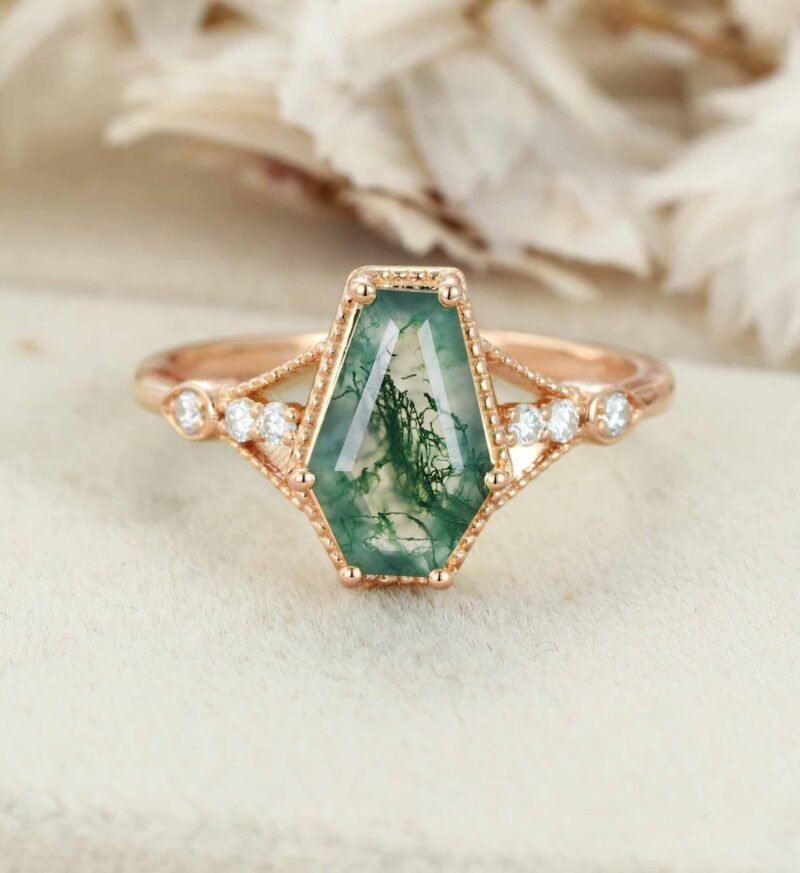 Antique Coffin Shaped Moss Agate Engagement Ring Art Deco Moss Agate Wedding Ring 14k Yellow Gold Moss Agate Bridal Ring For Women