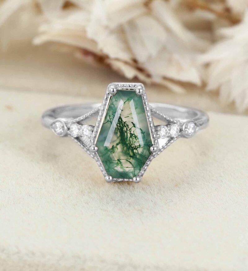 Antique Coffin Shaped Moss Agate Engagement Ring Art Deco Moss Agate Wedding Ring 14k Yellow Gold Moss Agate Bridal Ring For Women