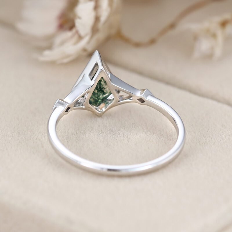 Art Deco 10x7mm Moss Agate Kite Cut Ring in 14k White Gold