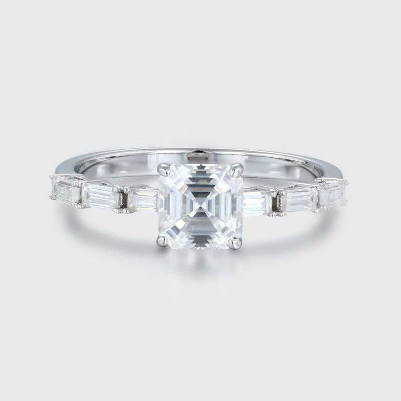 Art Deco 5.0mm Asscher Cut Moissanite Engagement Ring In 14k White Gold