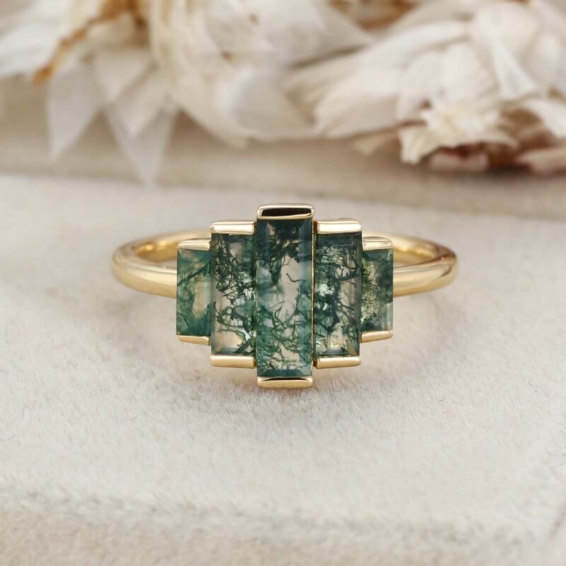 Art Deco Baguette Moss Agate Engagement Ring Vintage Half Bezel Ring Yellow Gold Ring Promise Ring Women Promise Ring