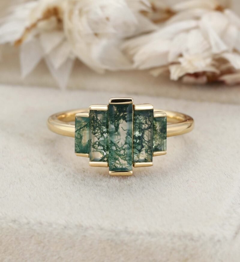 Art Deco Baguette Moss Agate Engagement Ring Vintage Half Bezel Ring Yellow Gold Ring Promise Ring Women Promise Ring