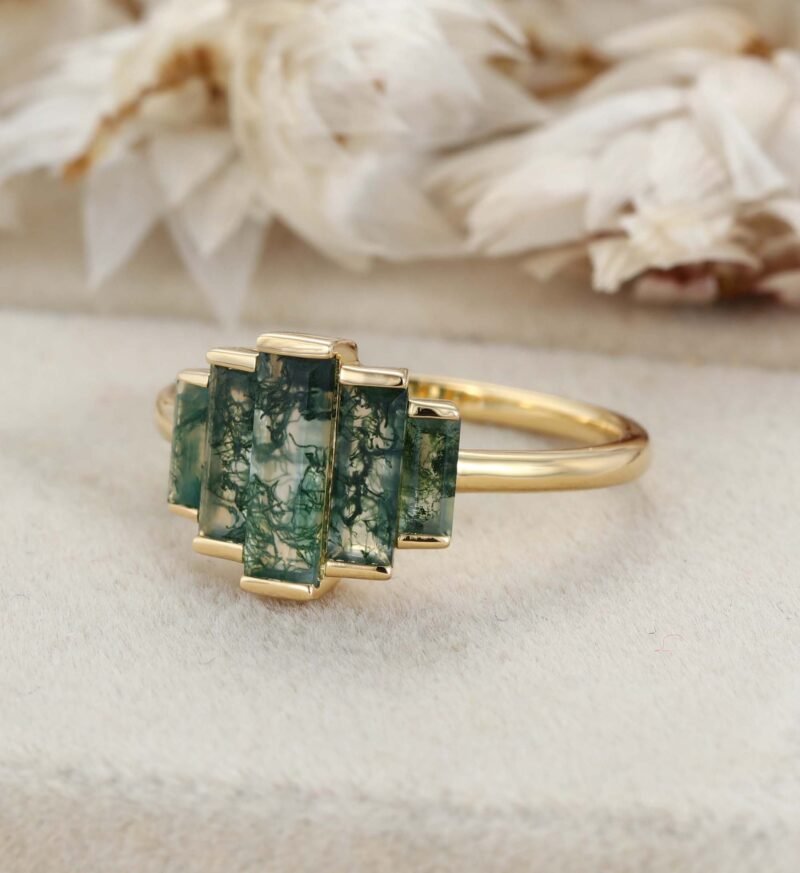 Art Deco Baguette Moss Agate Engagement Ring Vintage Half Bezel Ring Yellow Gold Ring Promise Ring Women Promise Ring