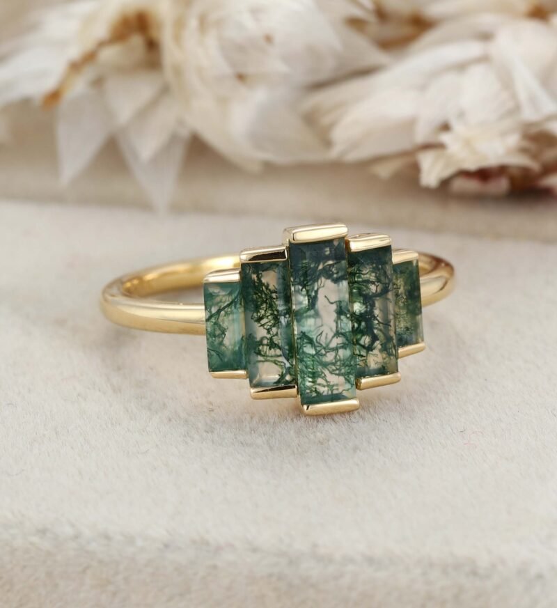 Art Deco Baguette Moss Agate Engagement Ring Vintage Half Bezel Ring Yellow Gold Ring Promise Ring Women Promise Ring