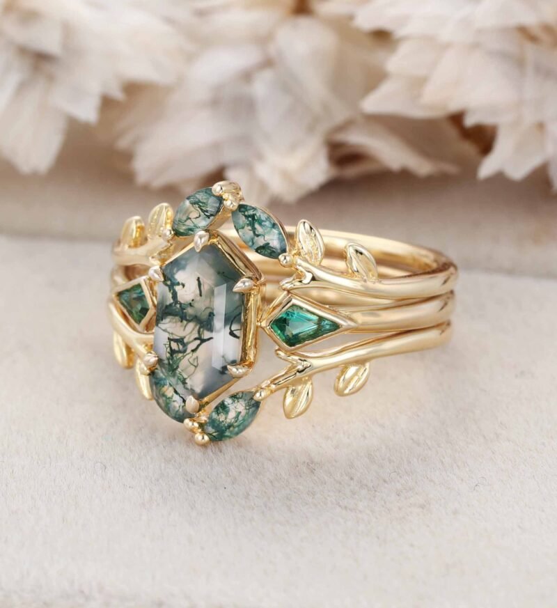 Art Deco Hexagon Cut Natural Green Moss Agate Engagement Ring Set Unique 14k Rose Gold Leaf Vine Twig Branch Nature Inspired Ring Emerald Ring