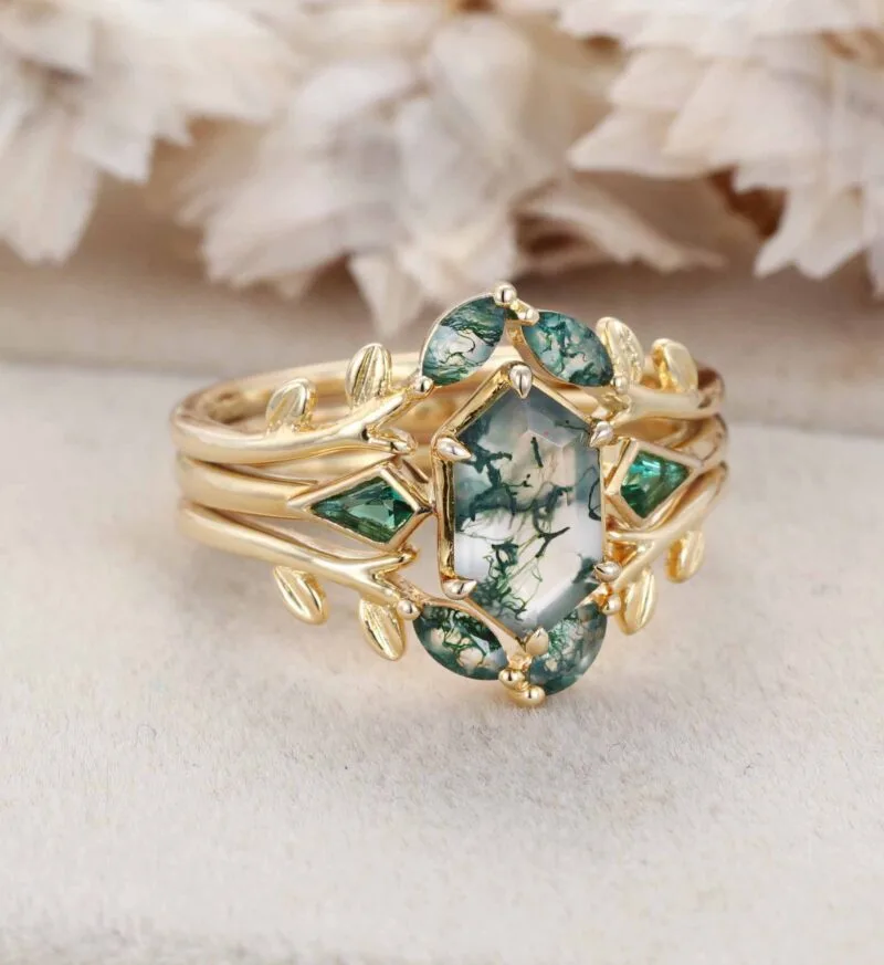 Art Deco Hexagon Cut Natural Green Moss Agate Engagement Ring Set Unique 14k Rose Gold Leaf Vine Twig Branch Nature Inspired Ring Emerald Ring