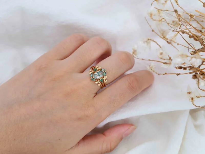 Art Deco Hexagon Cut Natural Green Moss Agate Engagement Ring Set Unique 14k Rose Gold Leaf Vine Twig Branch Nature Inspired Ring Emerald Ring