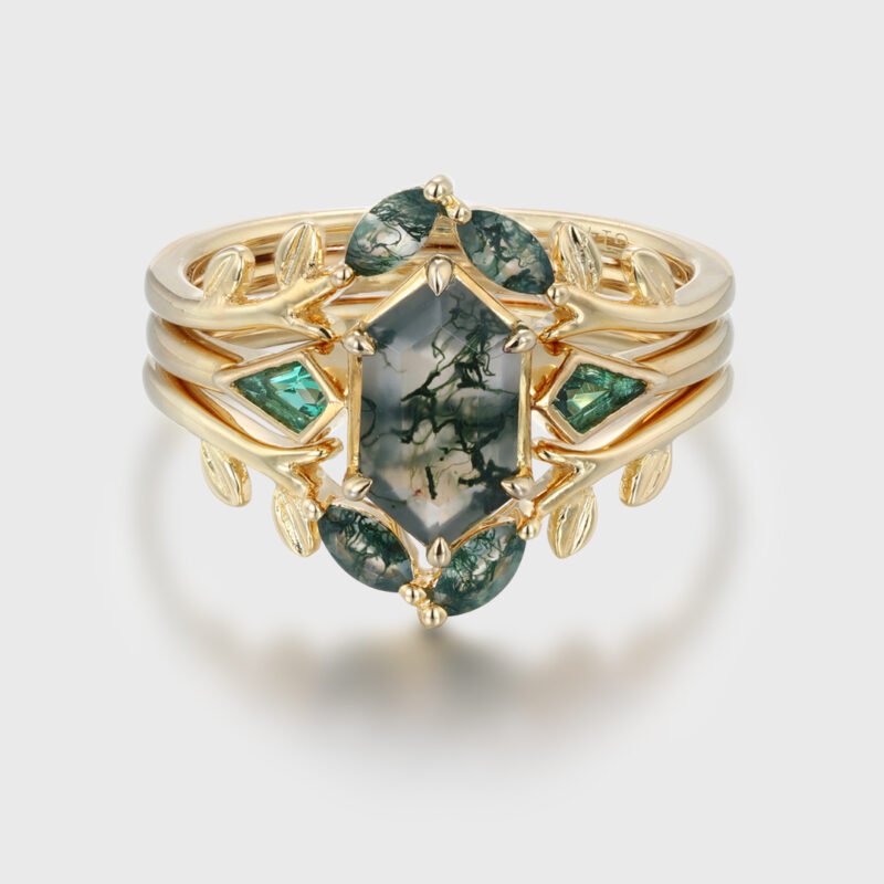 Art Deco Hexagon Cut Natural Green Moss Agate Engagement Ring Set Unique 14k Rose Gold Leaf Vine Twig Branch Nature Inspired Ring Emerald Ring