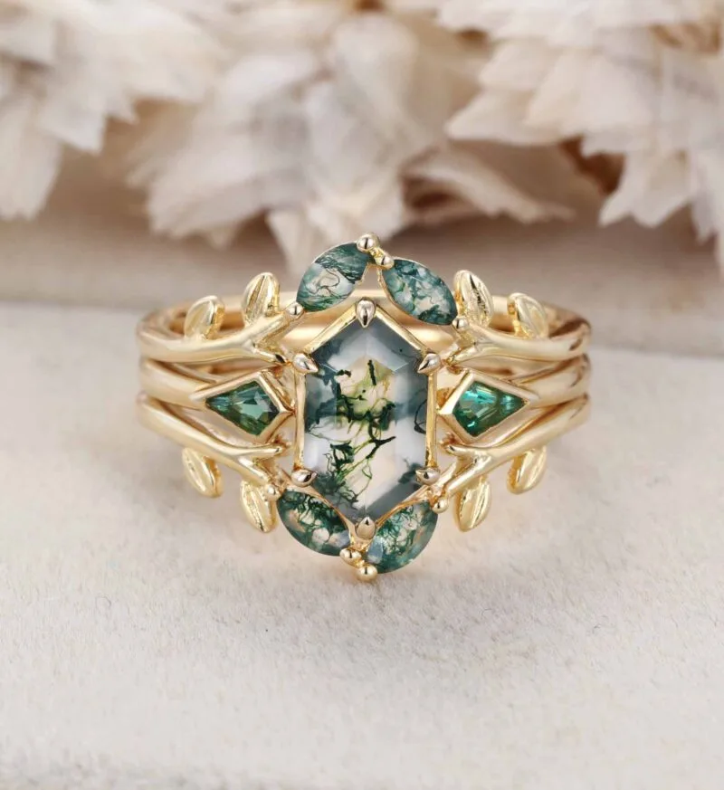 Art Deco Hexagon Cut Natural Green Moss Agate Engagement Ring Set Unique 14k Rose Gold Leaf Vine Twig Branch Nature Inspired Ring Emerald Ring