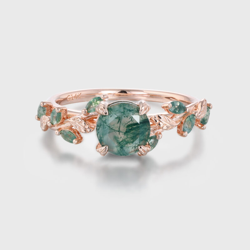 Art Deco Moss Agate Engagement Ring Round Cut Vintage leaf Vine Promise Ring Nature Inspired Solid Rose Gold Cluster Ring Anniversary Gifts