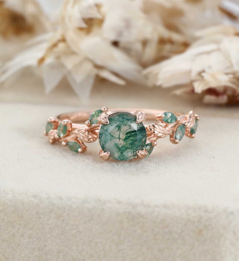 Art Deco Moss Agate Engagement Ring Round Cut Vintage leaf Vine Promise Ring Nature Inspired Solid Rose Gold Cluster Ring Anniversary Gifts