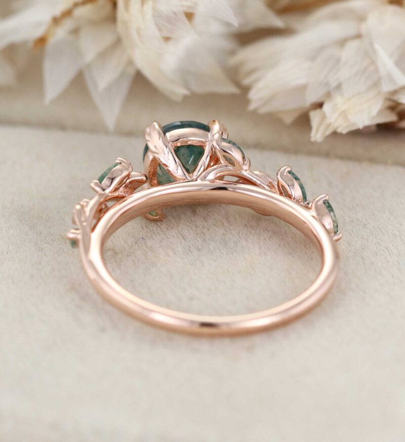 Art Deco Moss Agate Engagement Ring Round Cut Vintage leaf Vine Promise Ring Nature Inspired Solid Rose Gold Cluster Ring Anniversary Gifts