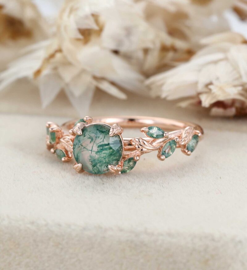 Art Deco Moss Agate Engagement Ring Round Cut Vintage leaf Vine Promise Ring Nature Inspired Solid Rose Gold Cluster Ring Anniversary Gifts