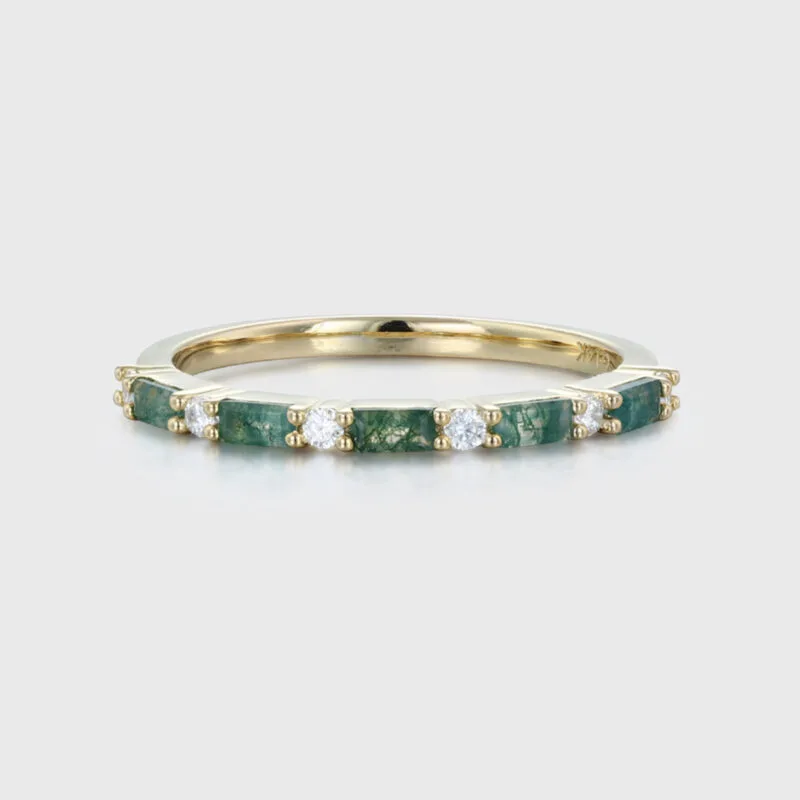 Baguette Cut Nature-Inspired Moss Agate and Diamond Wedding Band - Yellow Gold Half Eternity Stacking Ring, Matching Promise Ring for Women