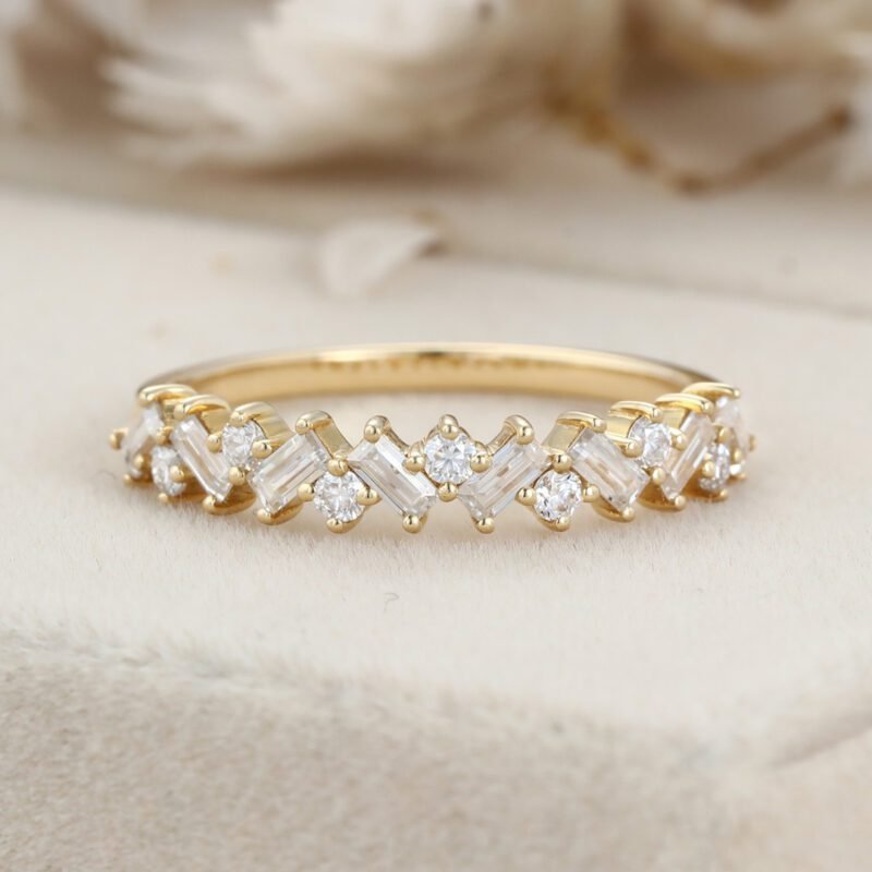 Baguette Moissanite wedding band unique Yellow gold wedding band delicate Bridal Stacking ring Bridal Anniversary ring promise gift for her