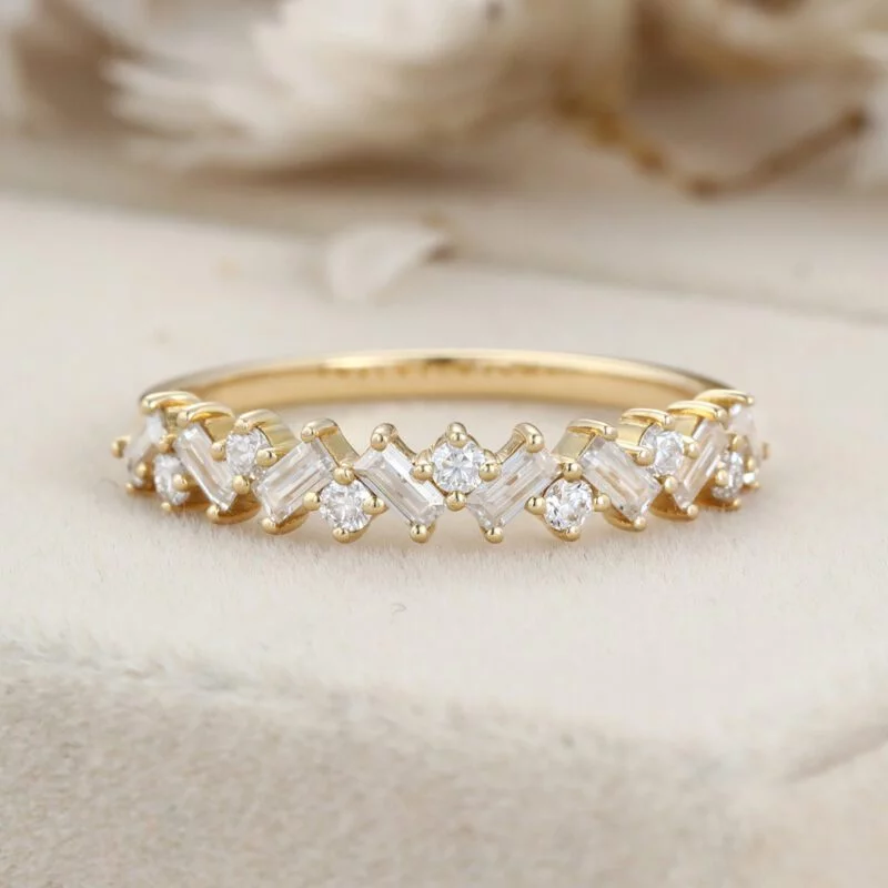 Baguette Moissanite wedding band unique Yellow gold wedding band delicate Bridal Stacking ring Bridal Anniversary ring promise gift for her