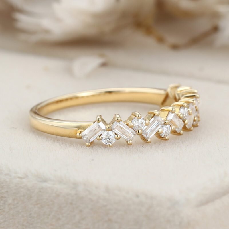 Baguette Moissanite wedding band unique Yellow gold wedding band delicate Bridal Stacking ring Bridal Anniversary ring promise gift for her