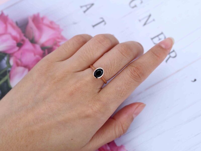 Bezel Oval cut Black Onyx Engagement Ring bezel set engagement ring 14KRosegold Bezel Set art deco Bridal Promise Anniversary gift for her