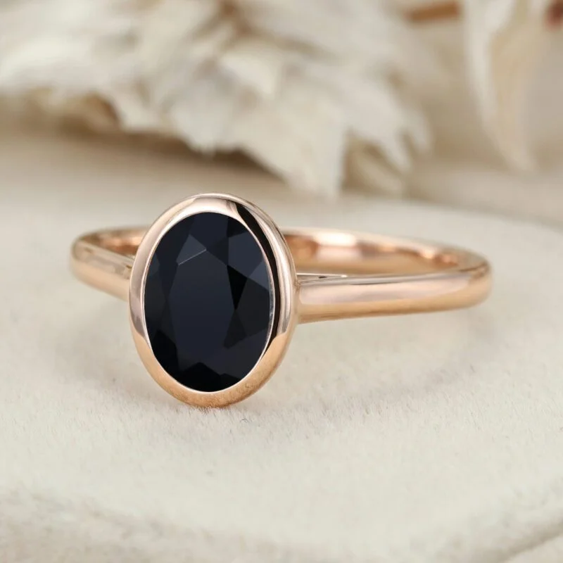 Bezel Oval cut Black Onyx Engagement Ring bezel set engagement ring 14KRosegold Bezel Set art deco Bridal Promise Anniversary gift for her