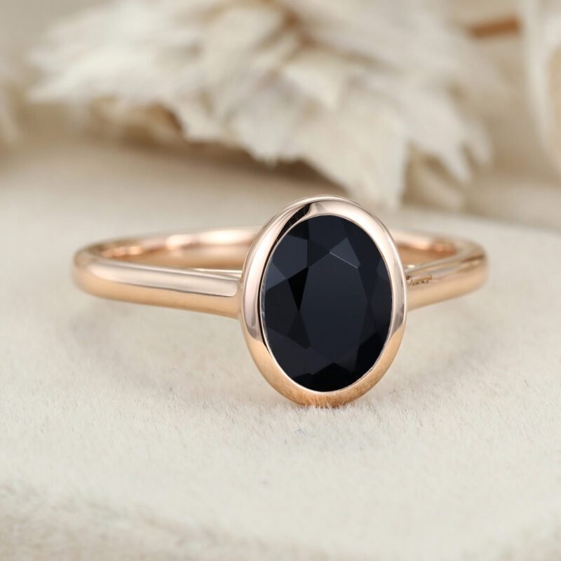 Bezel Oval cut Black Onyx Engagement Ring bezel set engagement ring 14KRosegold Bezel Set art deco Bridal Promise Anniversary gift for her