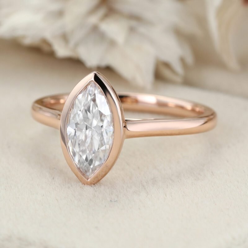 Bezel Set 1.0ct Marquise Moissanite Engagement Ring Solitaire Ring 14K Solid Rose Gold Ring Bezel Setting Promise Ring
