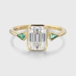 Bezel Set 2 Carat Emerald Cut Moissanite and Emerald Three Stone Engagement Ring 14K Yellow Gold