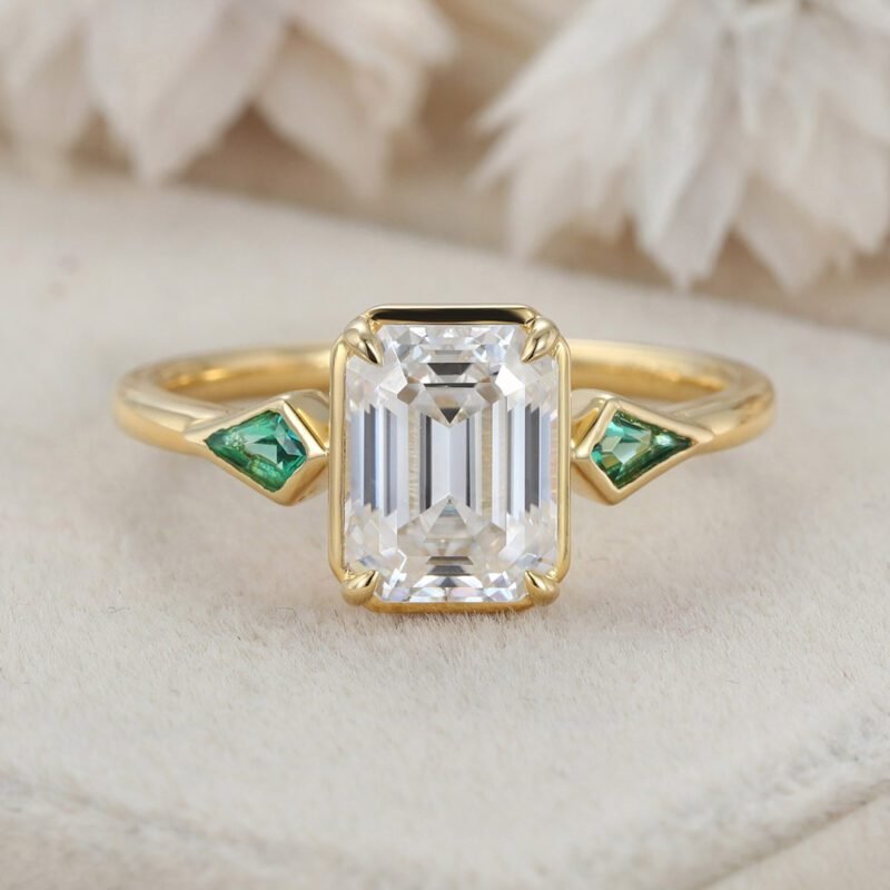 Bezel Set Emerald Cut Moissanite Engagement Ring 14K Solid Gold Lab Emerald Side Stone Ring Delicate Wedding Ring For Women