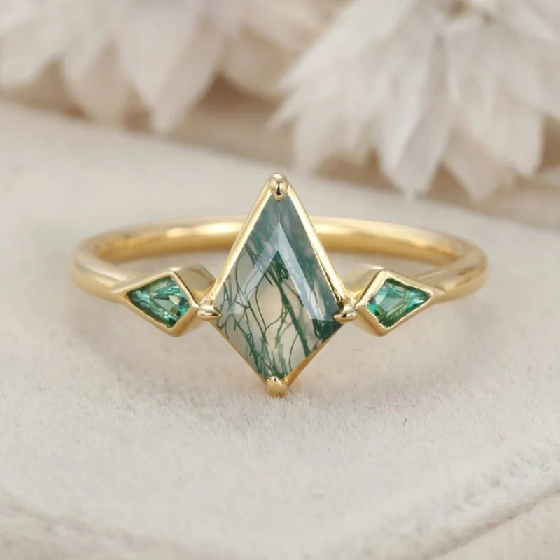 Bezel Set Engagement Ring Unique 14K Yellow Gold Kite cut Moss Agate Engagement Ring Lab Emerald Side Stone Ring Delicate Wedding Ring