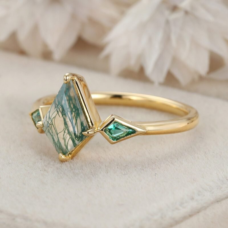 Bezel Set Engagement Ring Unique 14K Yellow Gold Kite cut Moss Agate Engagement Ring Lab Emerald Side Stone Ring Delicate Wedding Ring