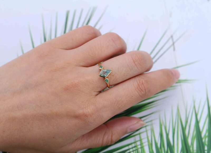 Bezel Set Engagement Ring Unique 14K Yellow Gold Kite cut Moss Agate Engagement Ring Lab Emerald Side Stone Ring Delicate Wedding Ring