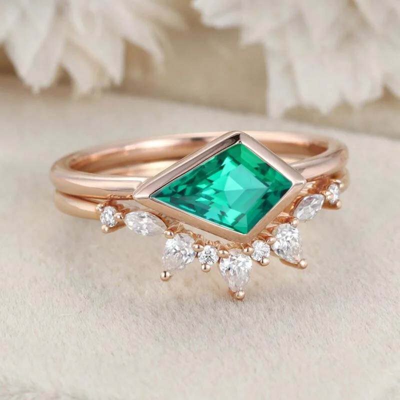 Outlet K Solid Gold Kite Shape Lab Created Emerald Ring Set For Women Engagement Wedding Band Gifts For Her Bridal Gold Ring Set