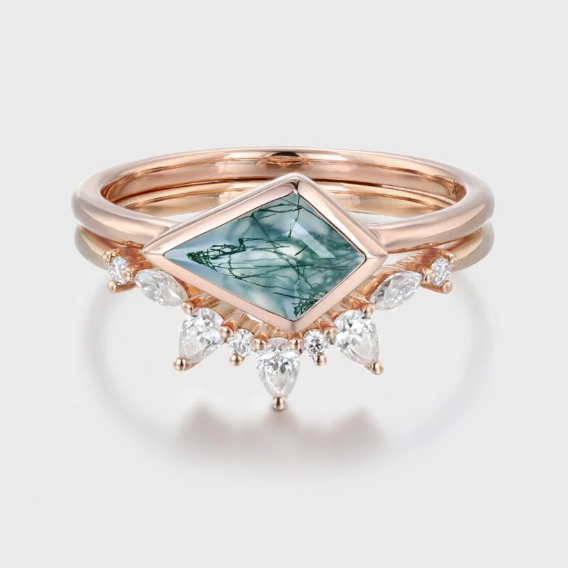 East West Bezel Set Kite Cut Moss Agate Solitaire Engagement Ring Rose Gold