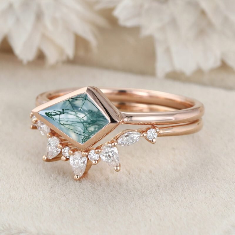 Bezel Set Kite Cut Natural Moss Agate Ring Solitaire Ring East West Bezel Engagement Ring Set Rose Gold Stacking Pear Diamond Wedding Ring Gift