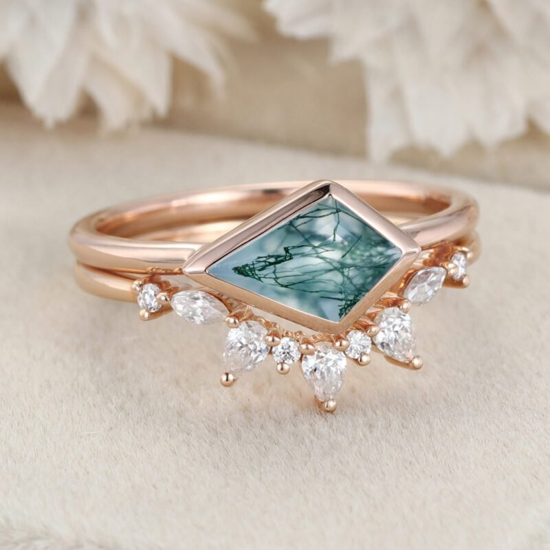 Bezel Set Kite Cut Natural Moss Agate Ring Solitaire Ring East West Bezel Engagement Ring Set Rose Gold Stacking Pear Diamond Wedding Ring Gift