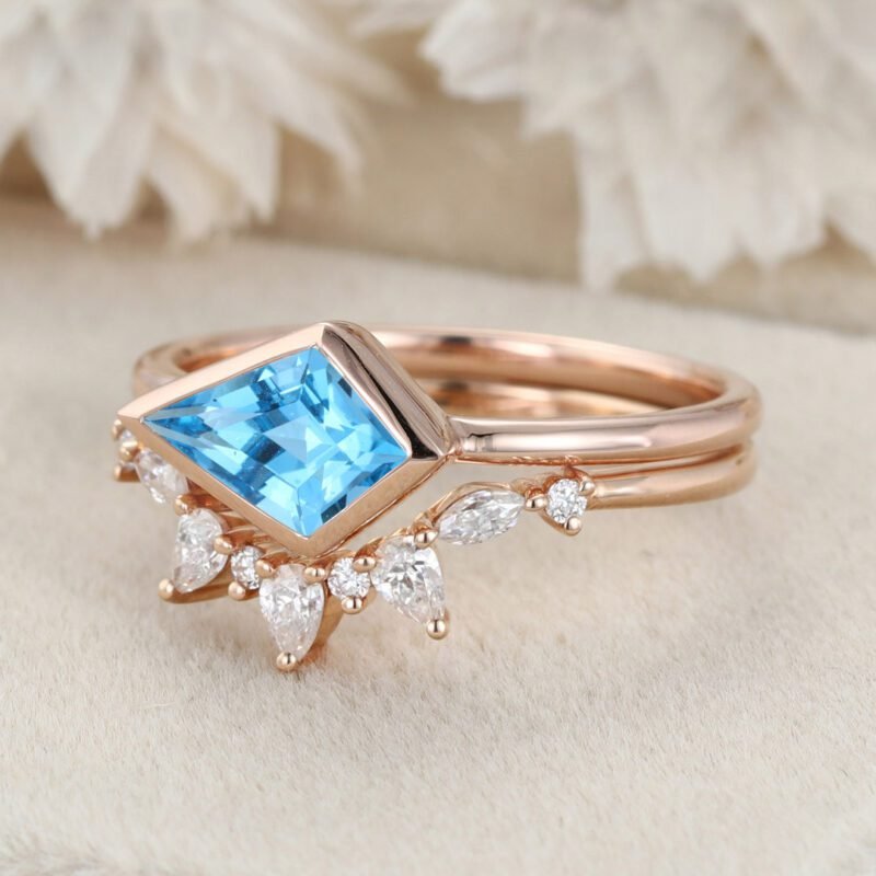 Bezel Set Kite Cut Topaz Solitaire Ring East West Bezel Engagement Ring Set 14K Rose Gold Diamond Art Deco Twisted Ring Gift